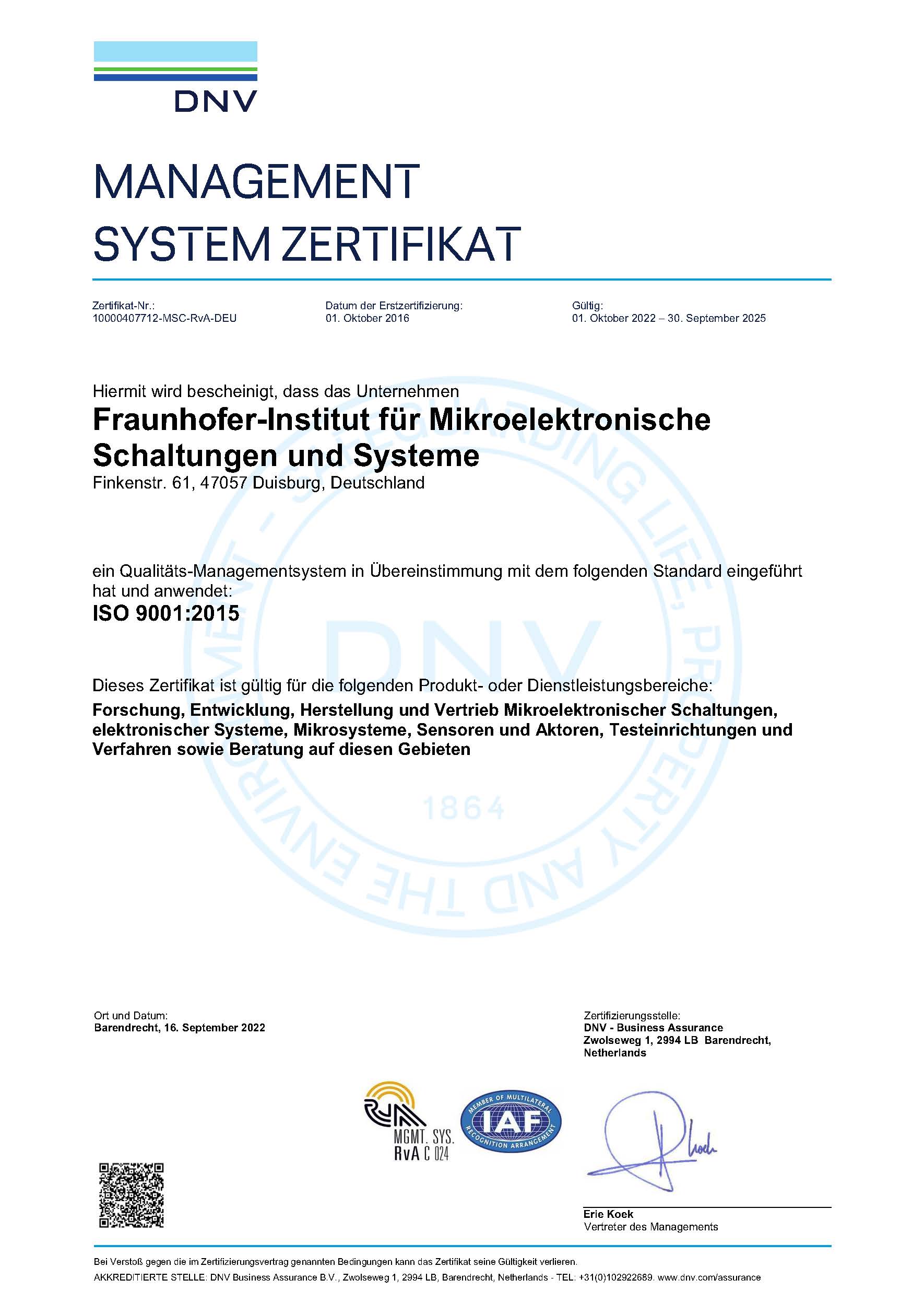 Eine Abbildung des Zertifikats der Prüfungsnorm ISO 9001