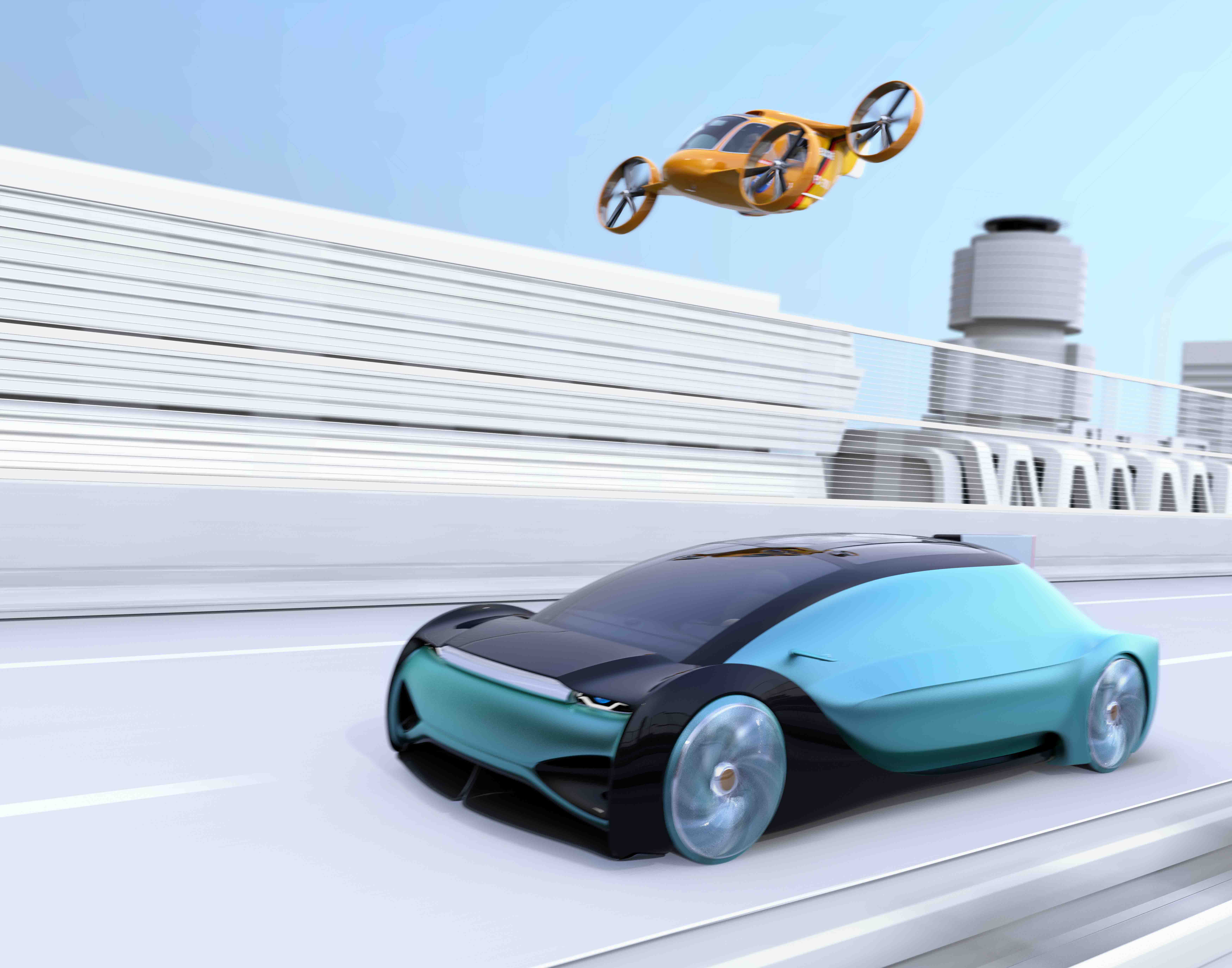 Futuristische Darstellung von Mobilität der Zukunft mit einem PKW und einem Flugtaxi