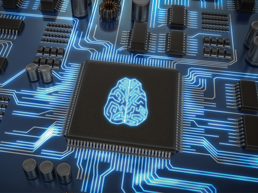 Fotomontage eines Chips mit künstlicher Intelligenz