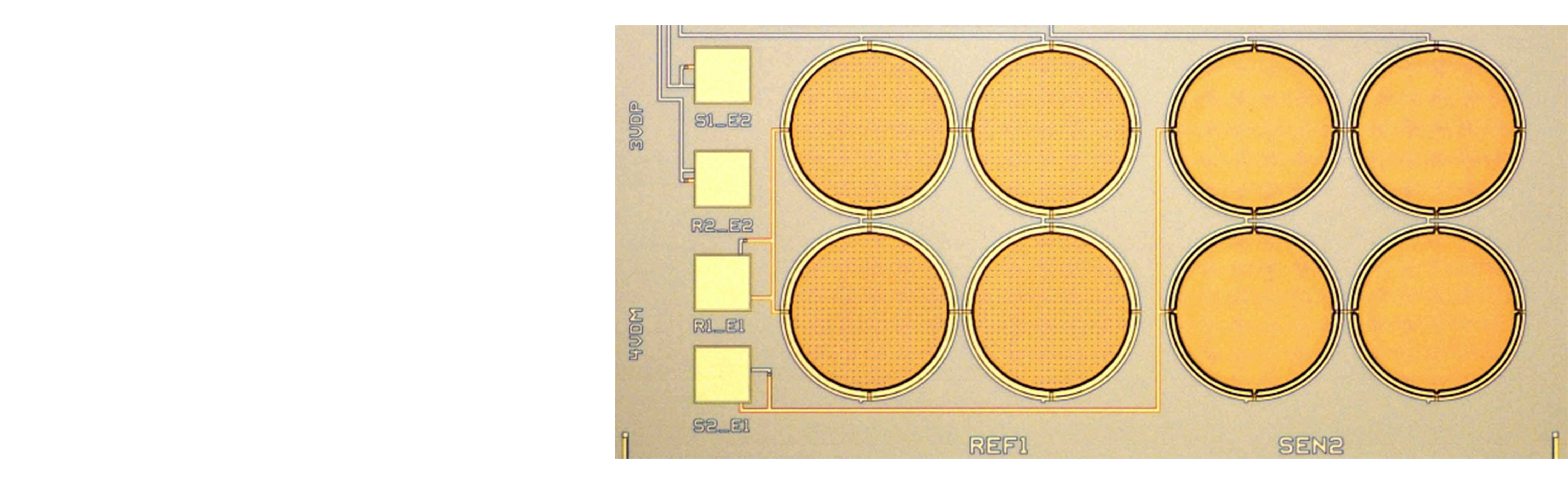 Schematischer Querschnitt durch die post-CMOS Drucksensortechnologie mit den drei Ebenen CMOS, Planarisierung und MEMS Sensorebene.