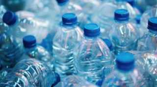 Close up of many plastic water bottles with blue caps. Concept of recycling, pollution, waste, and the environment.