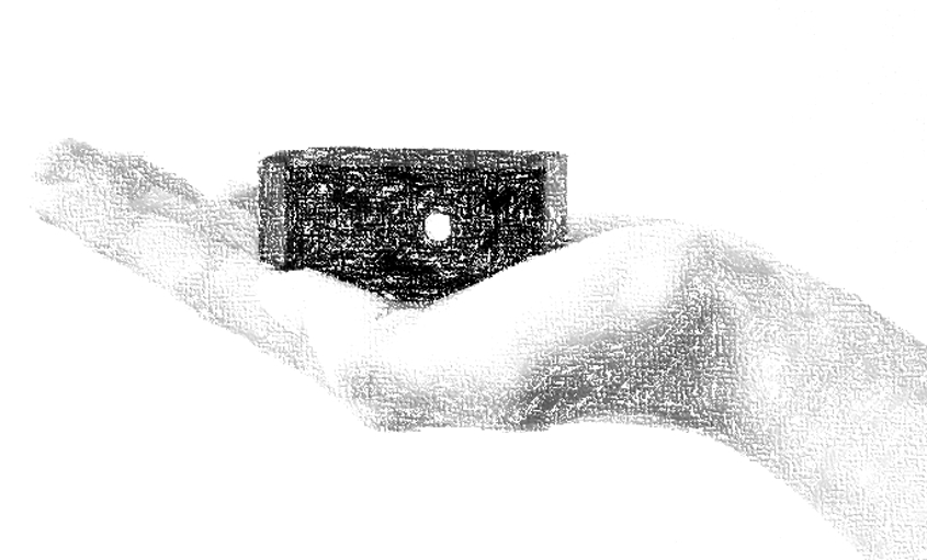 Hatched illustration of a compact sensor housing presented on an open hand