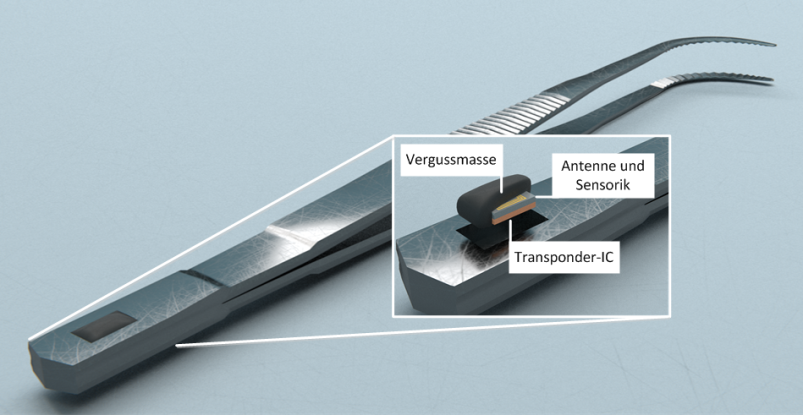 Structure of a UHF transponder in metal as an example on tweezers