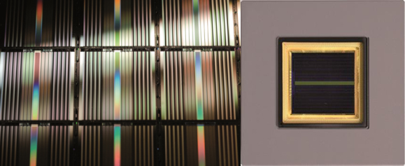 2016 x 60 Pixel Ultra-High-Speed „Xposure“ CMOS multi-line sensor with 600 (200) kHz (b/w, colour) line rate for the surface inspection on a wafer (left) and in housing (right)