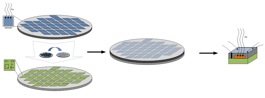 Schematic representation of the Fraunhofer IMS in-house wafer-to-wafer bonding process for the production of backside illumination sensors (BSI sensors)