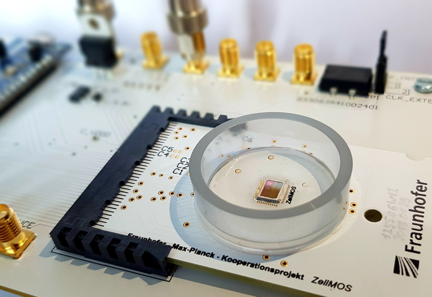 For the measurement of biological celld the CMOS nanoelectrode array is electrically connected and immersed into a sealed fluid reservoir.
