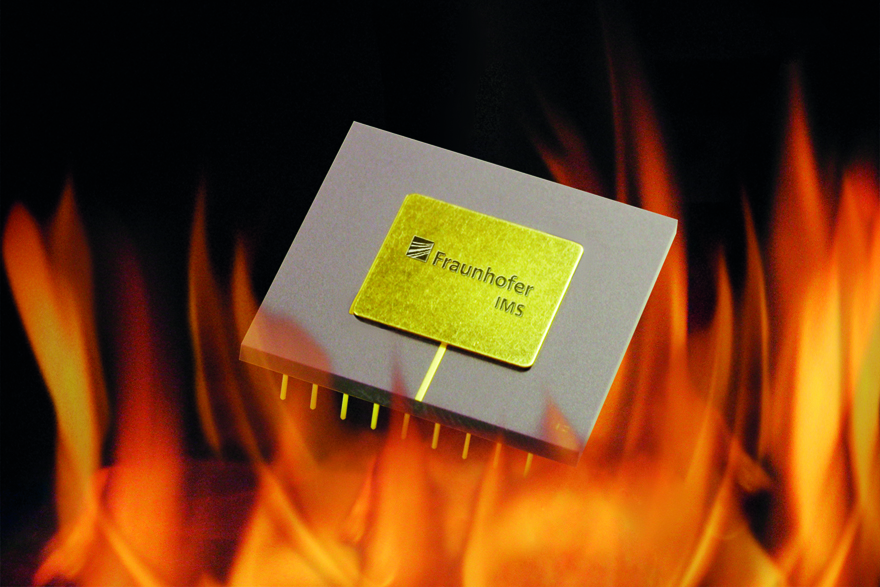 Depiction of a high-temperature integrated circuit in ceramic housing in flames