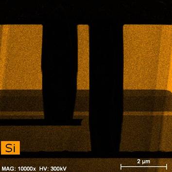 Representation of etched µVia structures for front-side silicon through-plating