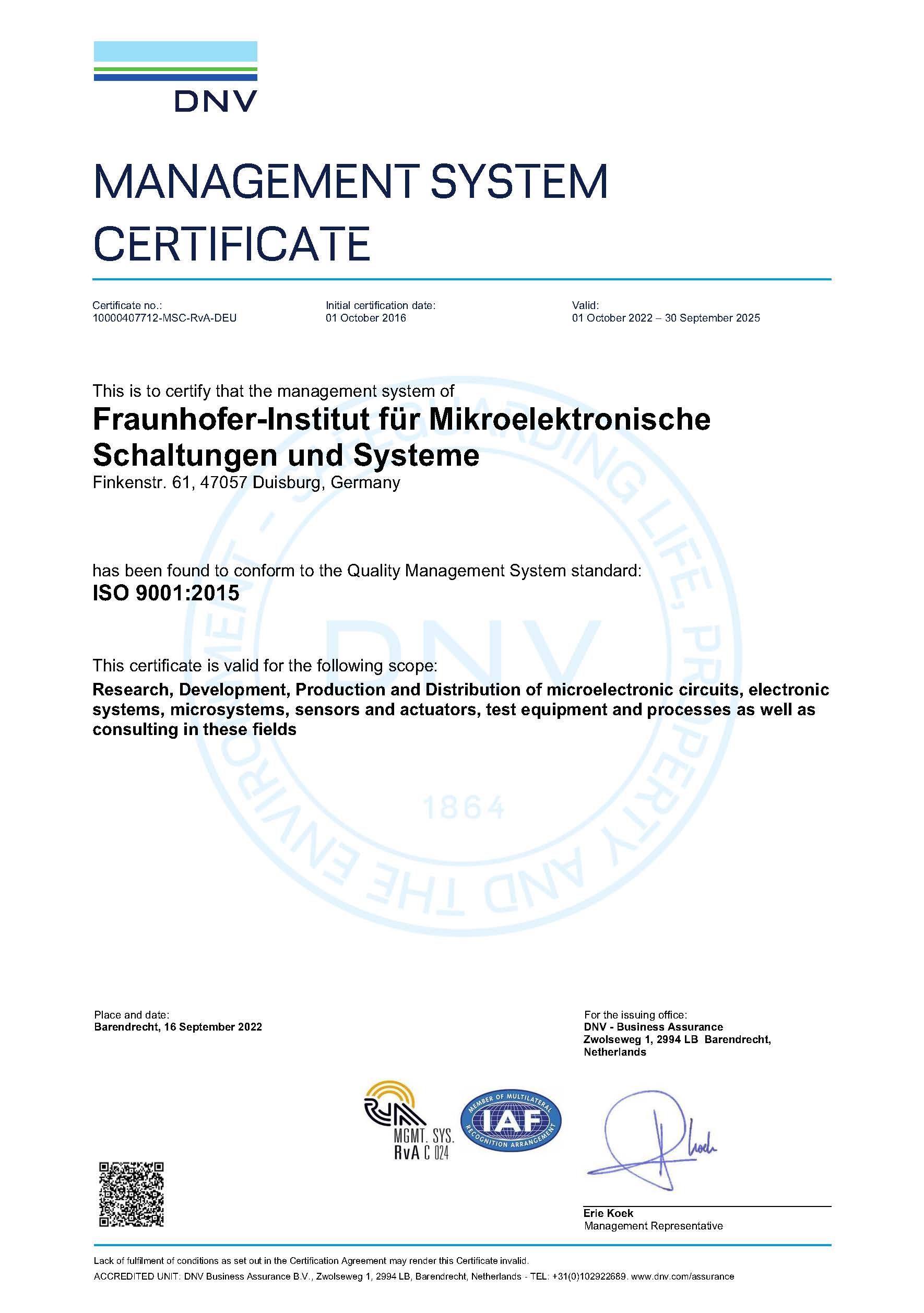 A picture of the certification according to DIN EN ISO 9001